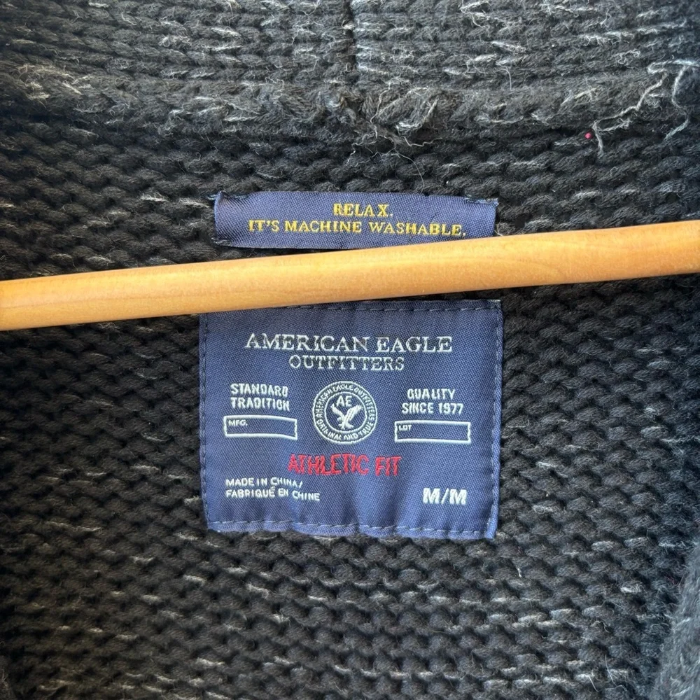American Eagle Men’s Medium Cardigan Shawl Collar Charcoal Sweater Elbow patches